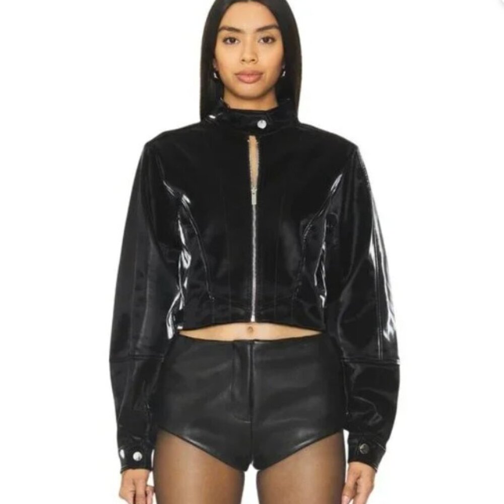 WeWoreWhat Faux Patent Leather Cropped Moto Jacket Black- Medium -BRAND NEW,TAGS